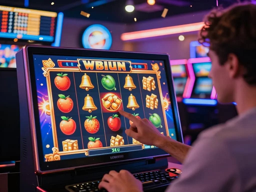 Pengguna yang terlibat bermain slot gacor hari ini di perangkat digital dikelilingi oleh elemen kasino yang penuh warna.