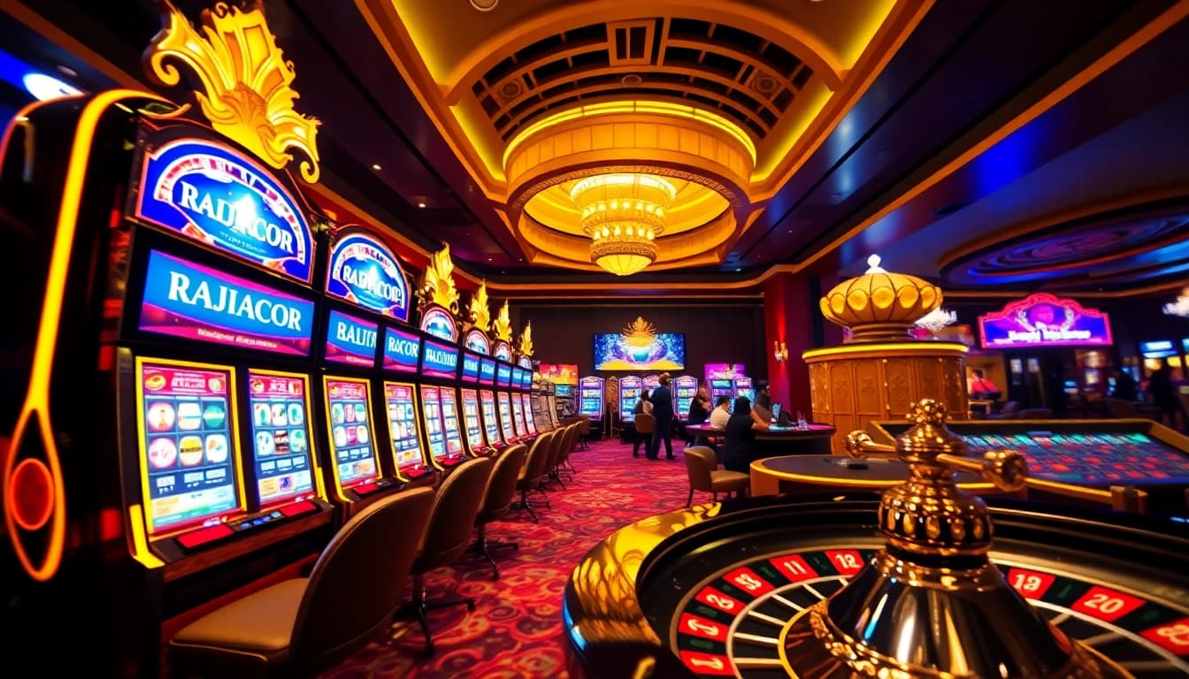 Experience the excitement of RAJAGACOR slot machines in a vibrant luxury casino setting.