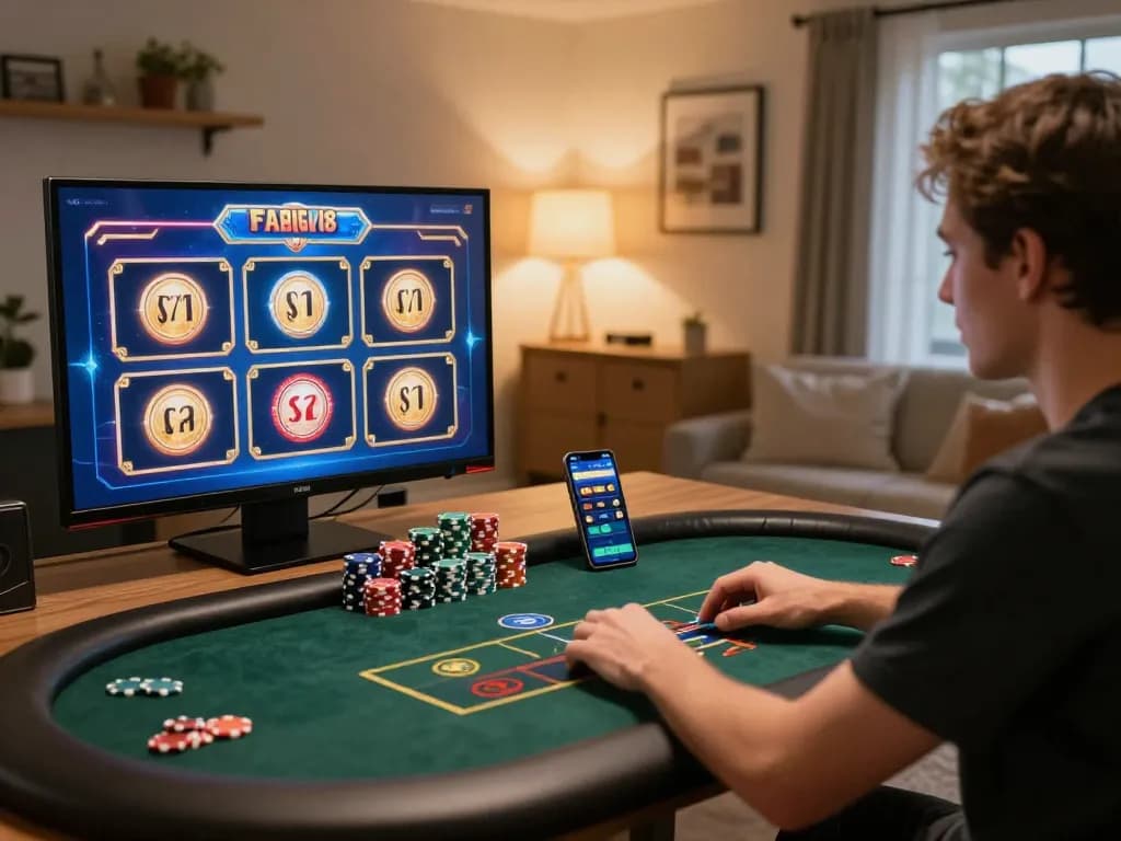 Person enjoying online gaming at FAFA828 with chips and smartphone in a cozy setup.