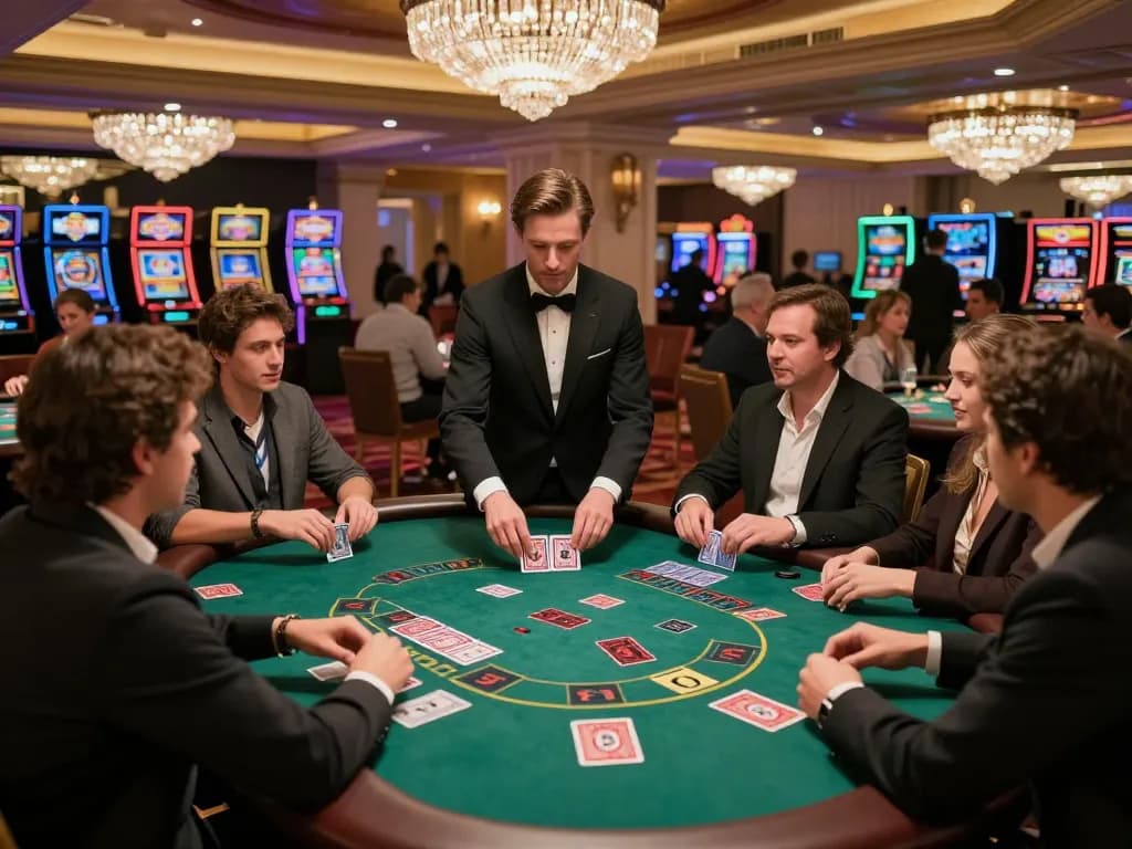 Players strategizing at a blackjack table in a vibrant casino, showcasing주소모음 for exciting gameplay.