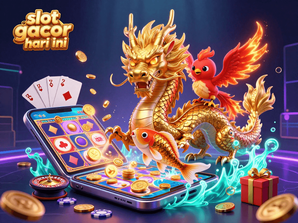 Experience the excitement of slot gacor hari ini with a vibrant 3D illustration of dragons and games.