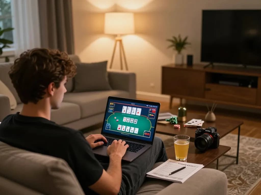 Luck8 player strategizing during an exciting online poker game at home, showcasing comfortable gaming environment.