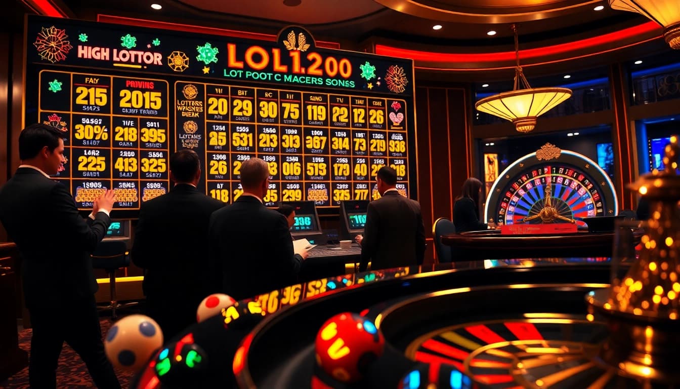 Xổ số hôm nay results displayed alongside players excitedly checking winning tickets at a luxurious lottery event.