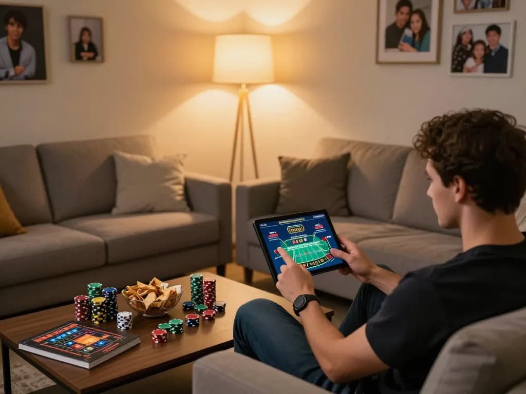 Player engaged in mb66 online gambling on a mobile app with cozy home setup featuring snacks and strategy notes.
