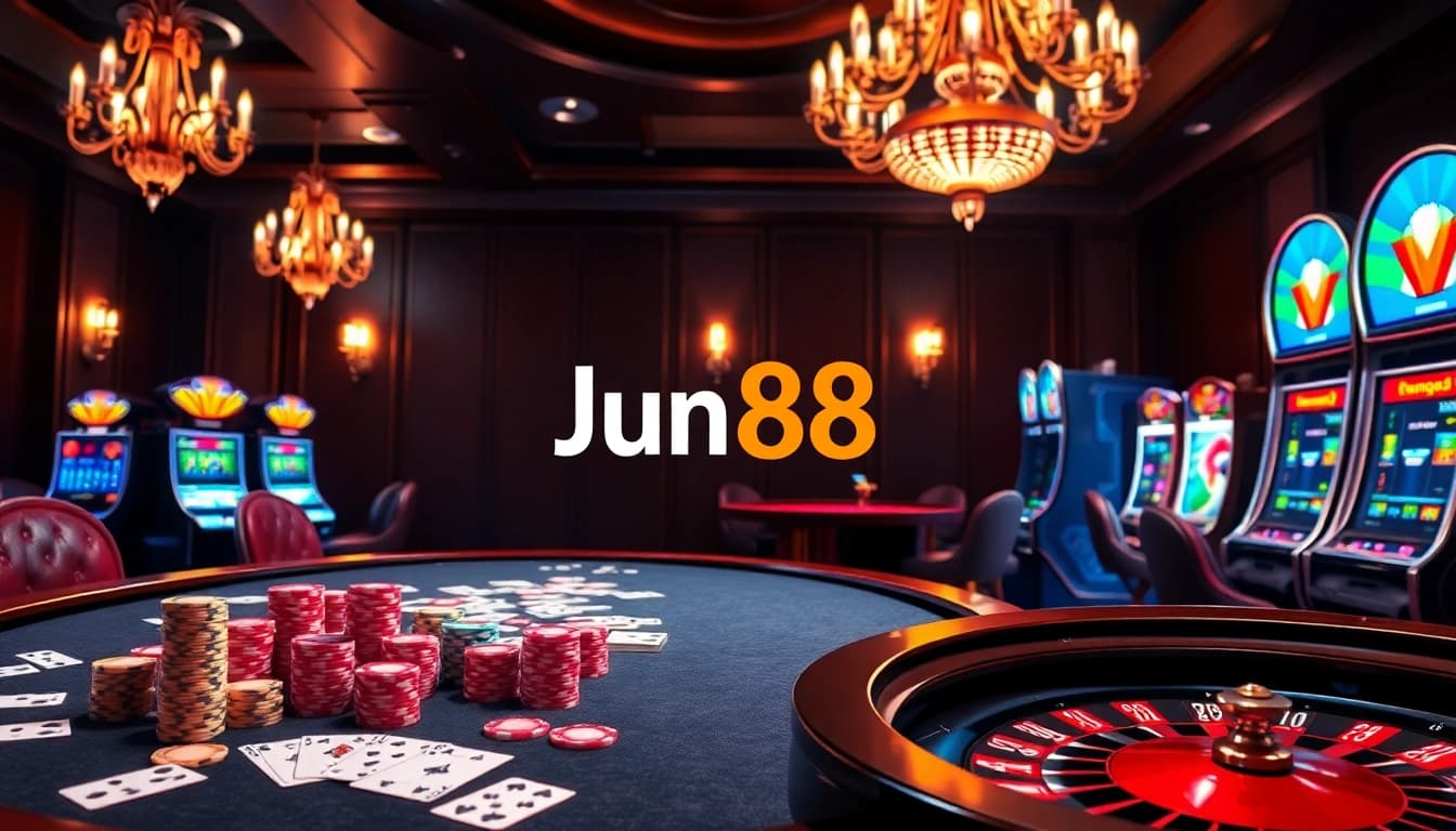 Engaging poker game scene showcasing Jun88's casino excitement with vibrant chips and roulette.