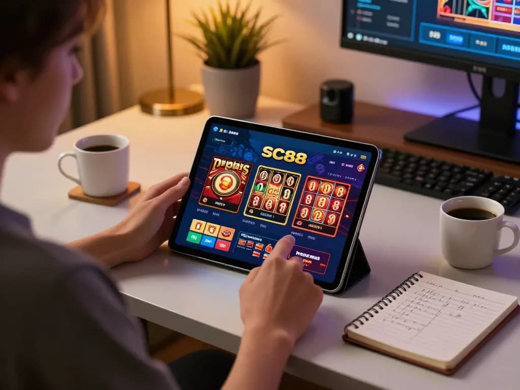 Engaging with the SC88 app for online casino gaming on a tablet in a cozy home atmosphere.