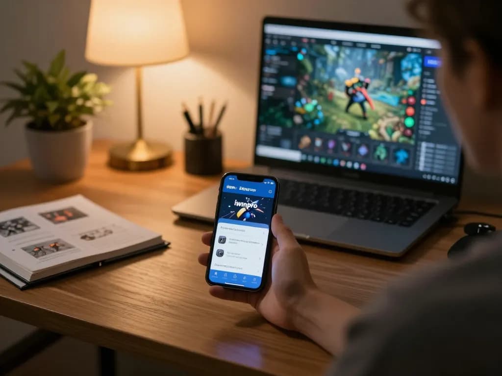 Engaging with the iwinpro app for strategic online gaming in a cozy home office.