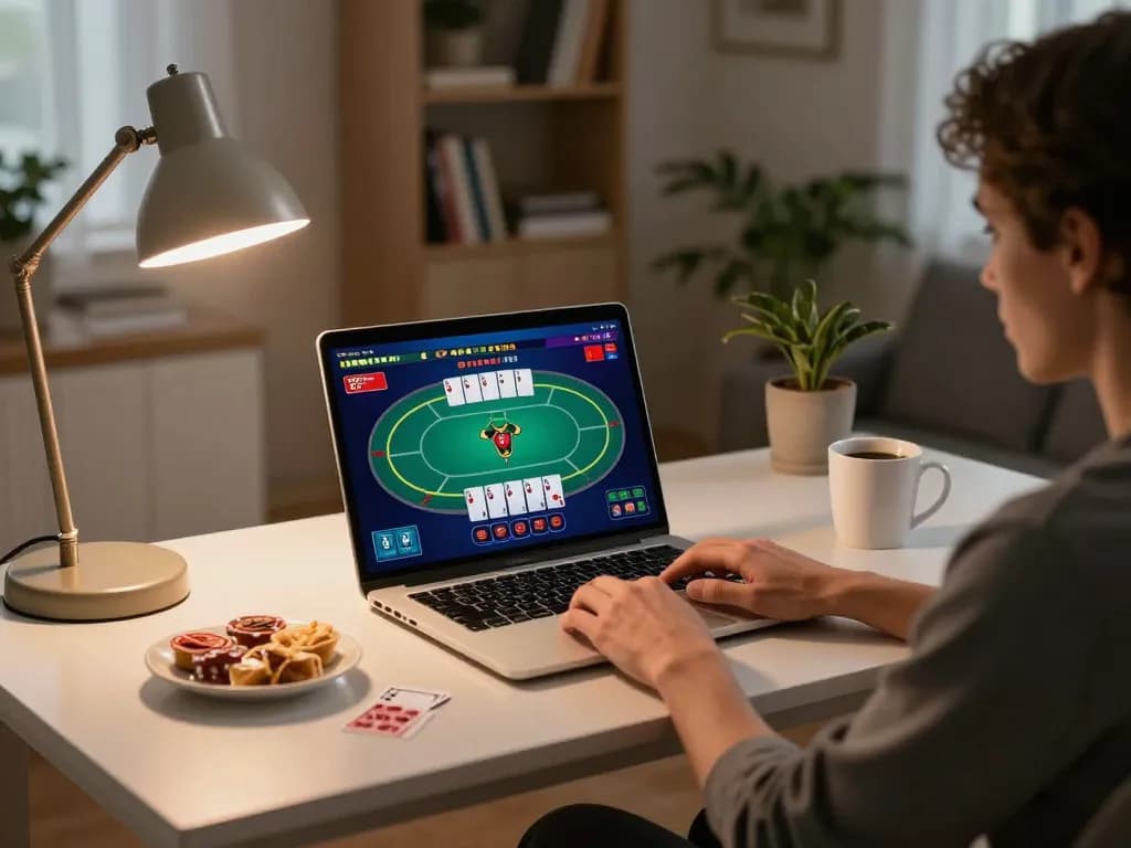 Engaging in strategic gameplay on say88 during an online casino session at home, showcasing vibrant game interface and relaxed atmosphere.