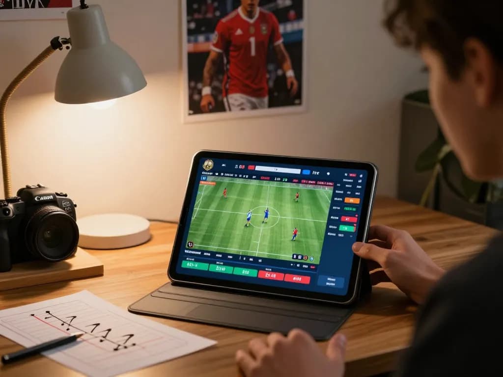 Tg88 chính thức showing a player actively placing bets on a tablet, surrounded by sports memorabilia and strategy notes.