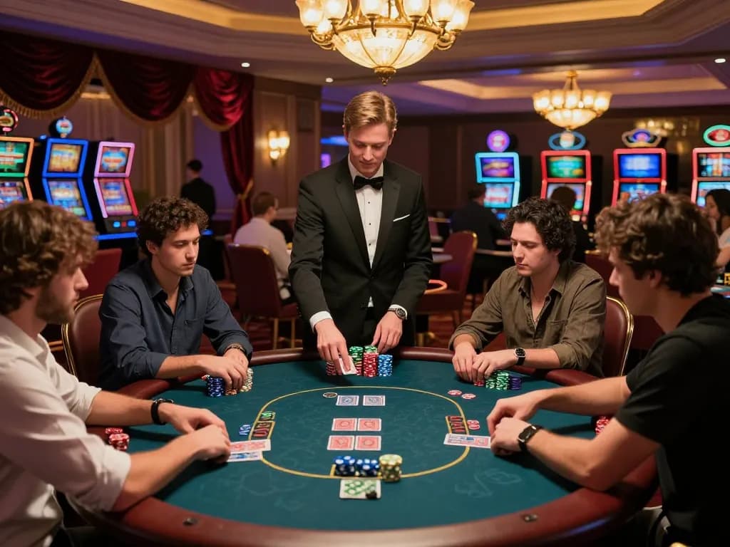 Pemain Dewi999 terlibat dalam poker dengan taruh tinggi, chip ditumpuk di bawah pencahayaan kasino yang lembut.