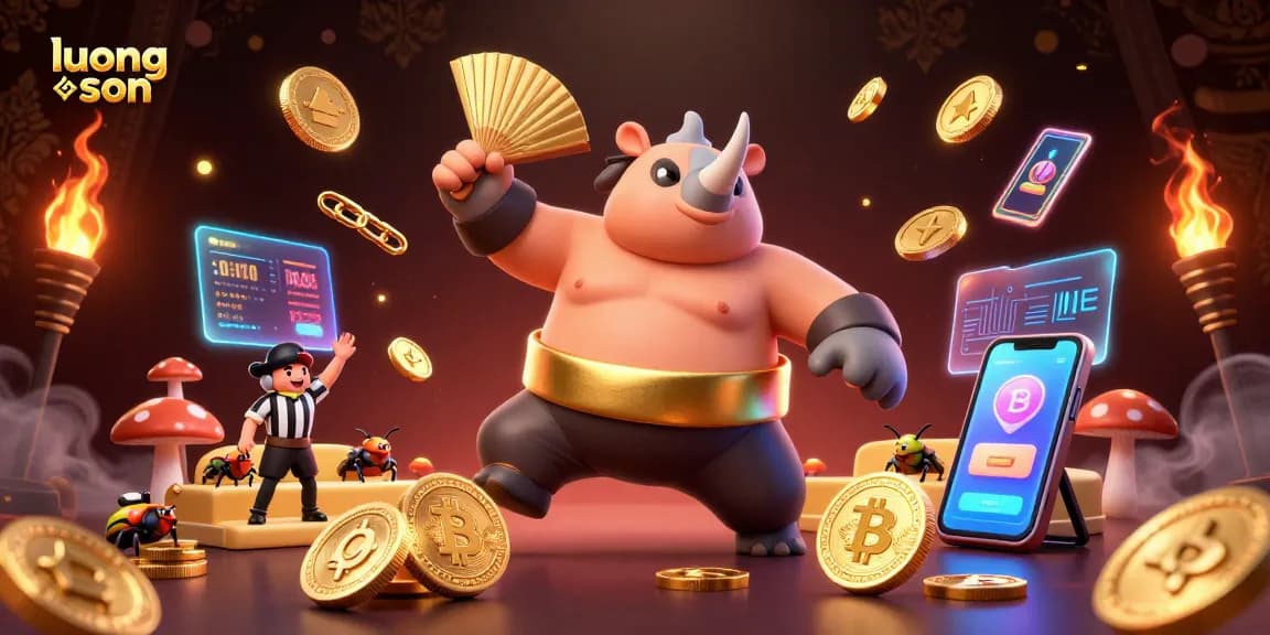 Experience dynamic action with the luong son rhinoceros beetle champion amidst flying coins and vibrant blockchain elements.