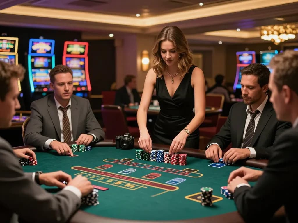 Engaged players at a pragmatic blackjack table strategizing their bets amid elegant casino ambiance.