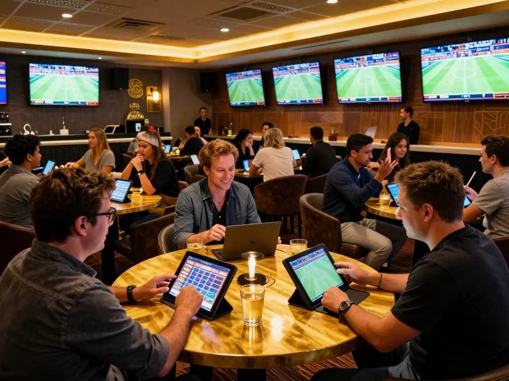 Fans excitedly engaging with god55 sports betting app in a vibrant lounge setting
