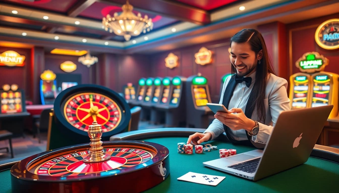 Excited players engaging with DN88 đăng nhập at an online casino, featuring roulette and poker tables.