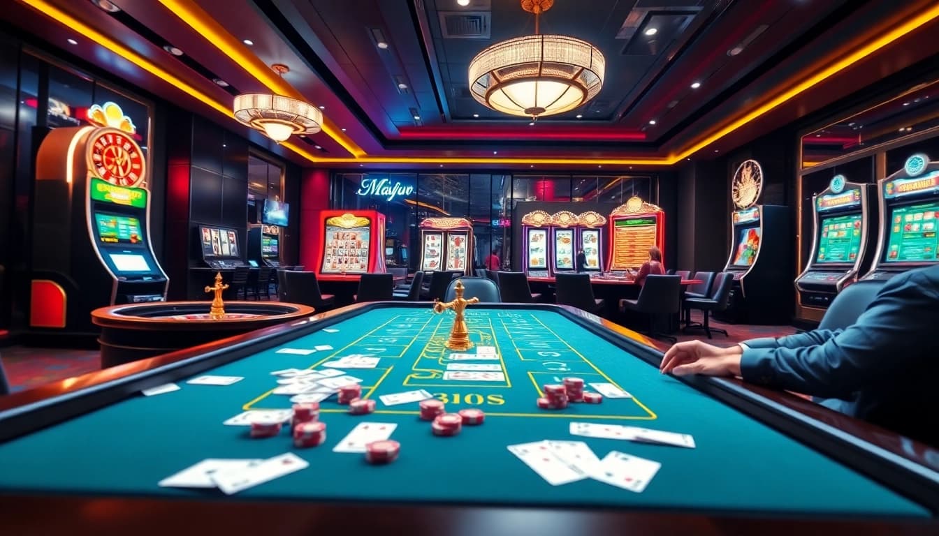 Engage with kèo nhà cái 5 in a vibrant online gambling atmosphere filled with cards, roulette wheels, and excitement.