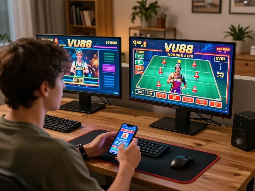 Engaging online gaming session at VU88 with multiple screens in a cozy setting