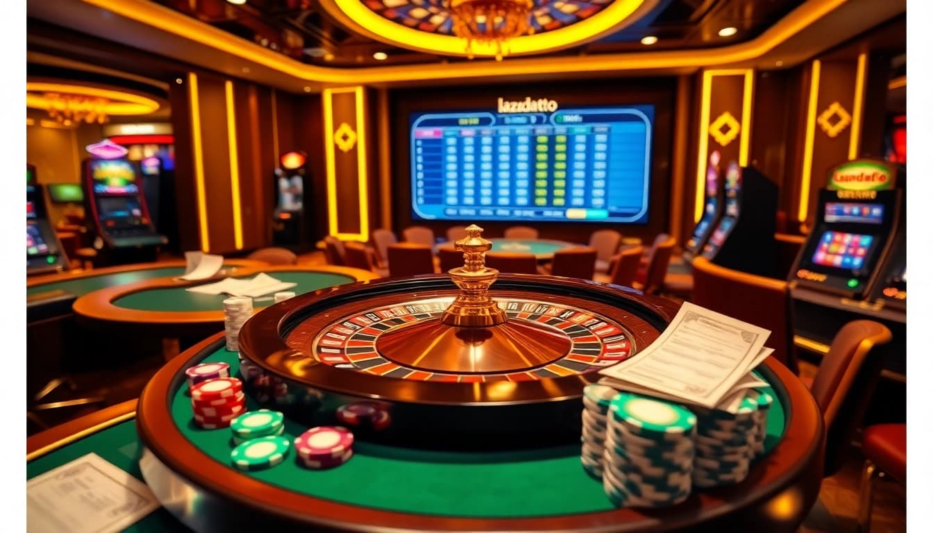 Lazadatoto showcases online casino action with vibrant roulette, poker chips, and engaging gaming tables.
