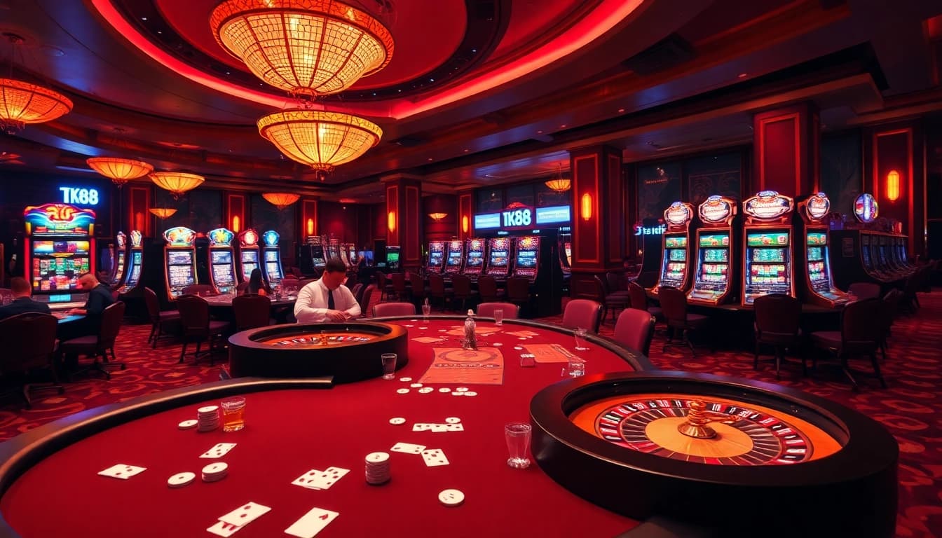 Players engaging in high-stakes poker at TK88 Casino, showcasing excitement and glamour.