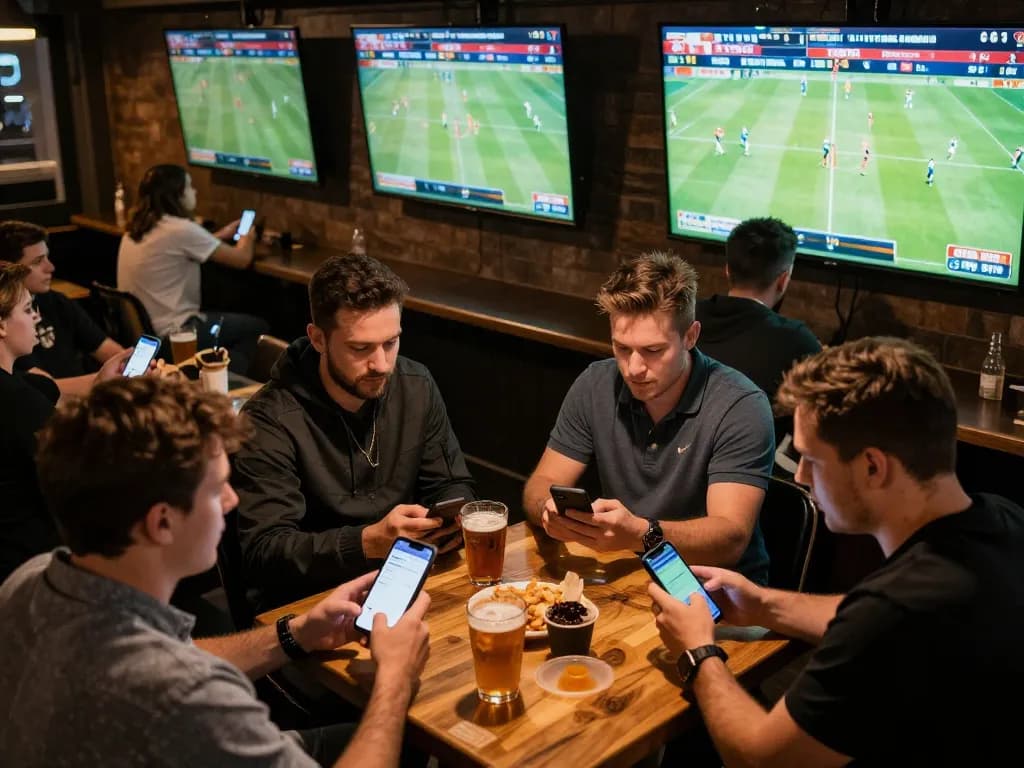 Engaging moment of tỷ lệ kèo nhà cái hôm nay at a lively sports bar, patrons excitedly placing bets.