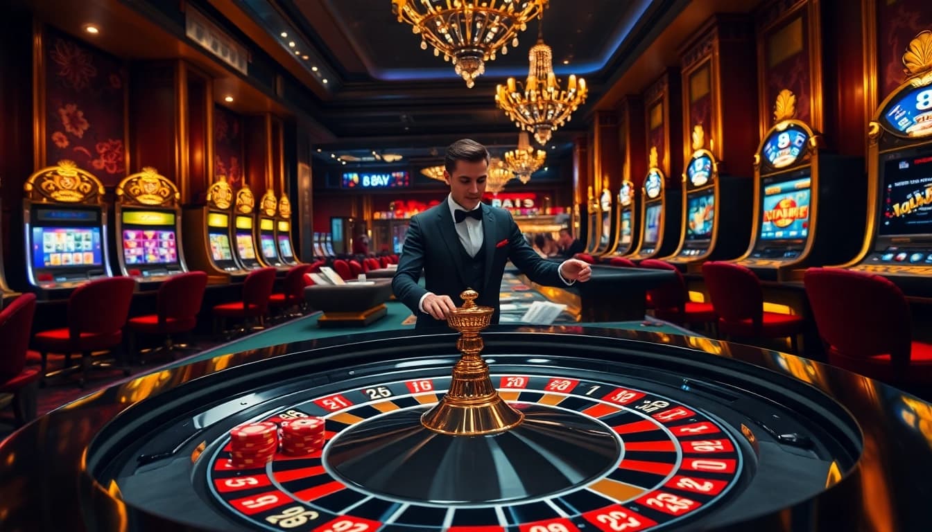 Excited players engage at the 8day roulette table in a luxurious casino atmosphere.