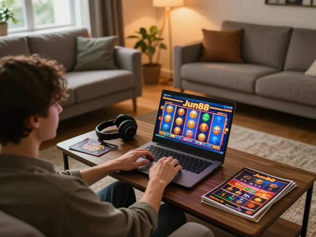Player experiencing immersive online gaming at Jun88, showcasing vibrant slot graphics and cozy environment.