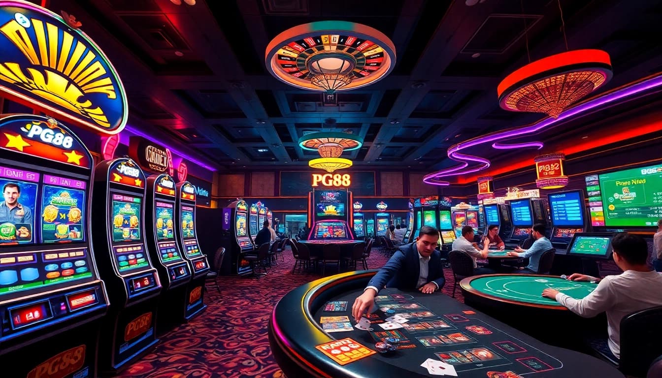 Players enjoying the thrill of PG88 slot machines and poker games in a vibrant casino setting.