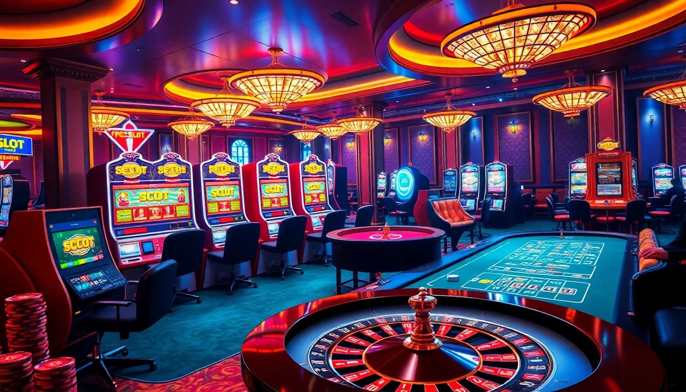 Engaging gamblers in a thrilling PG SLOT online casino scene with bright slot machines and vibrant colors.