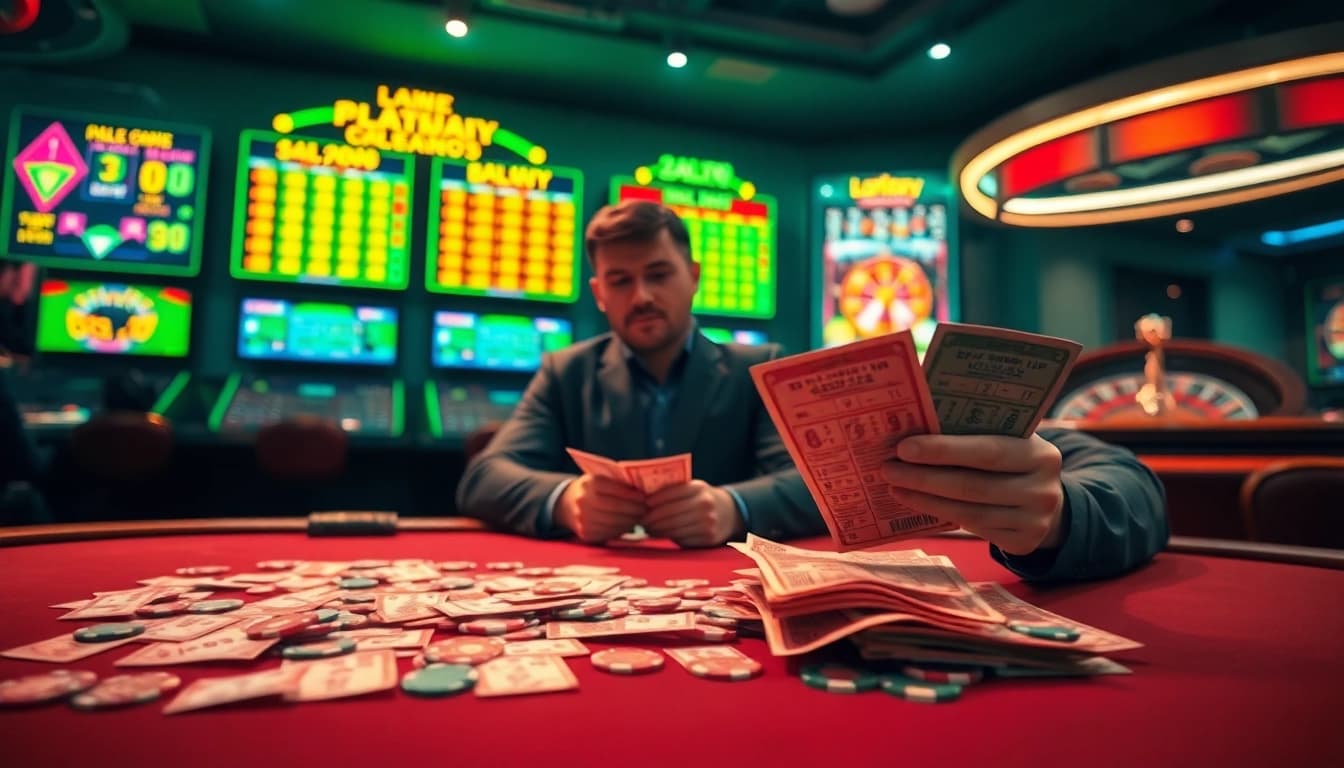 Engaging player analyzing tickets in the Nova88 lottery at a vibrant casino.