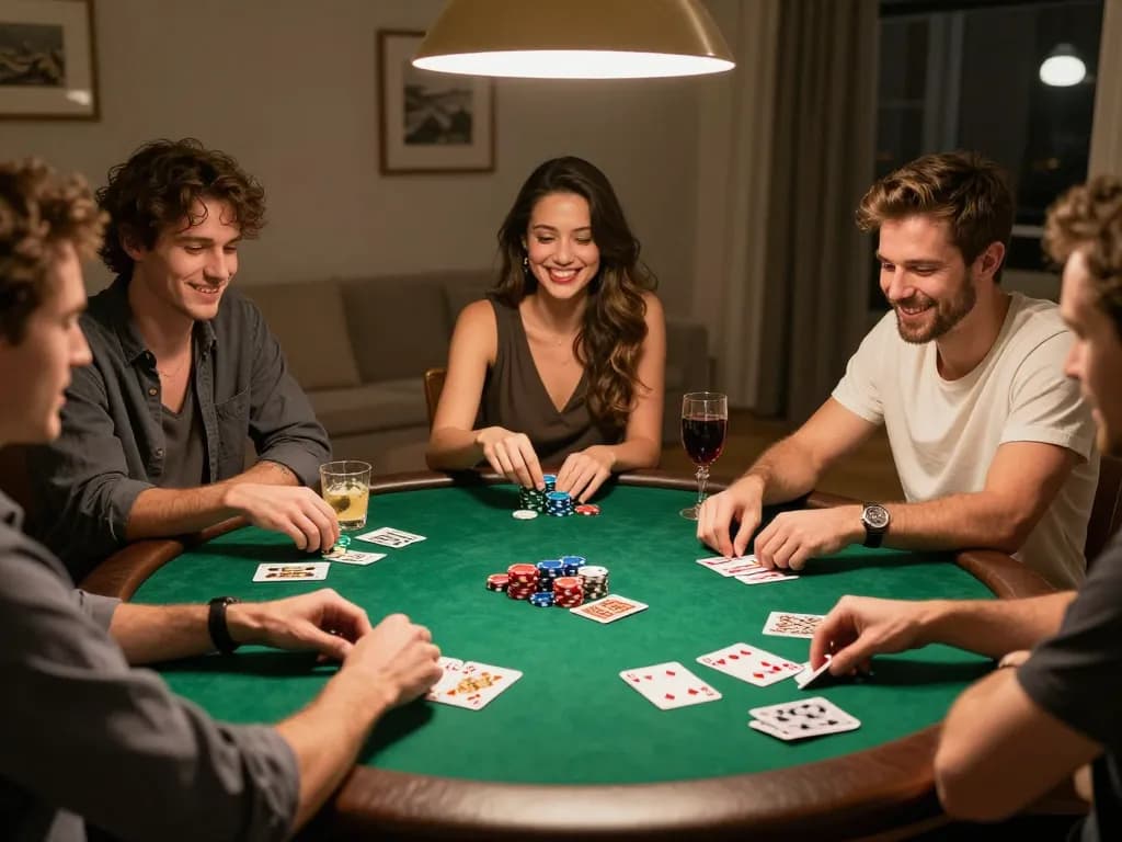 Friends enjoying poker at home, showcasing GG88 in a lively and engaging atmosphere.