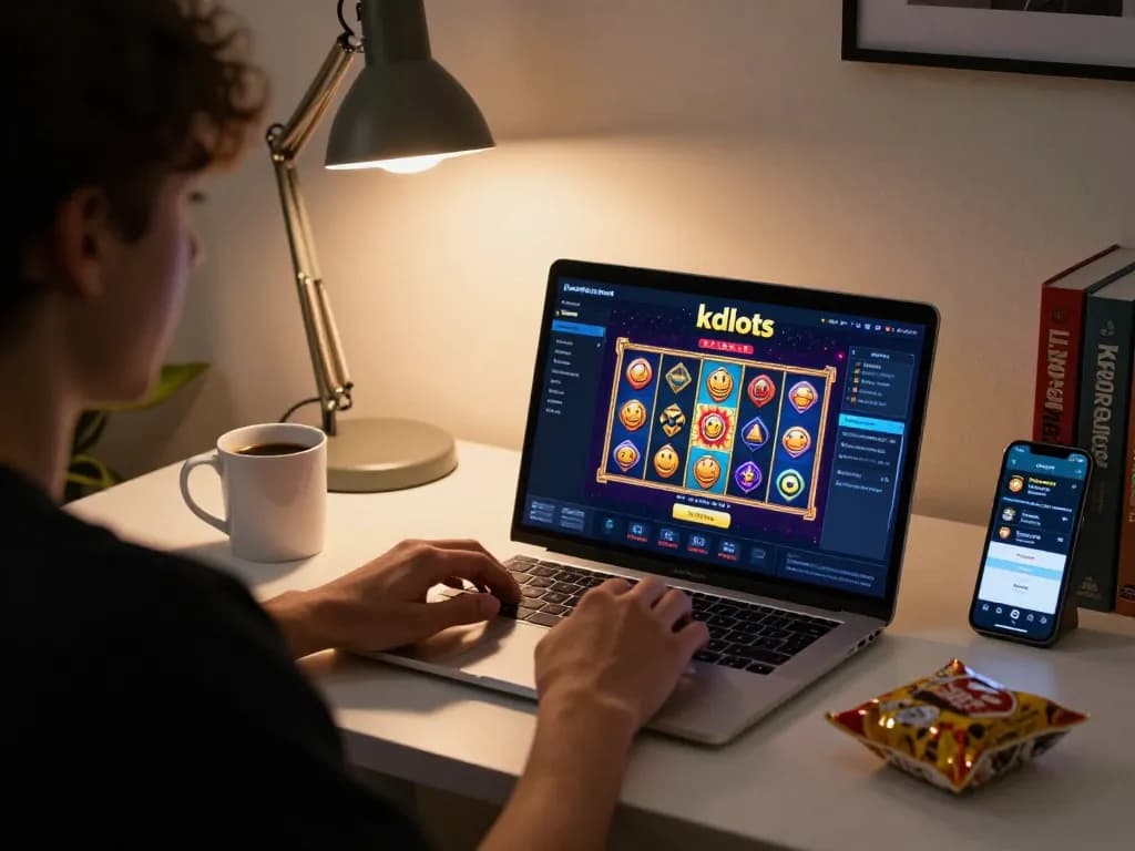 Engaging with kdslots online gaming interface from a well-organized home office setup.