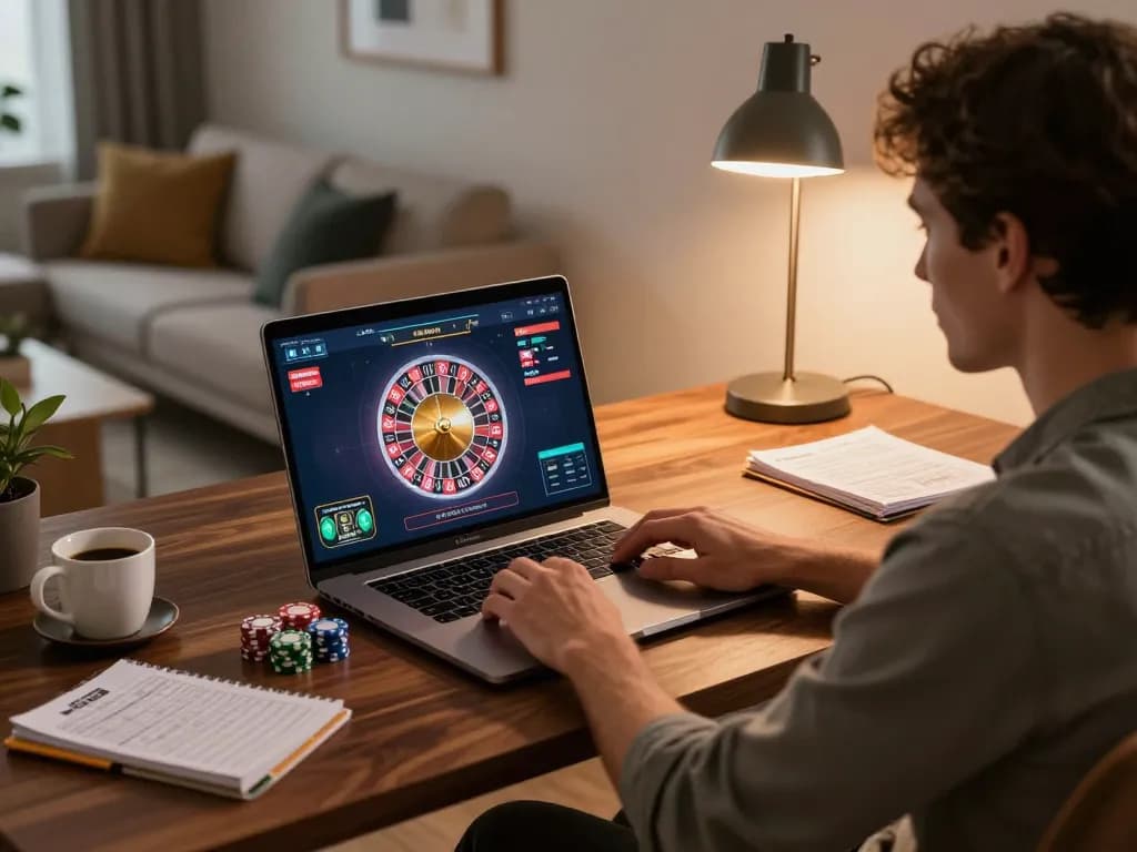 Bong99 online roulette experience with a player engaged at home gaming setup and strategy notes.