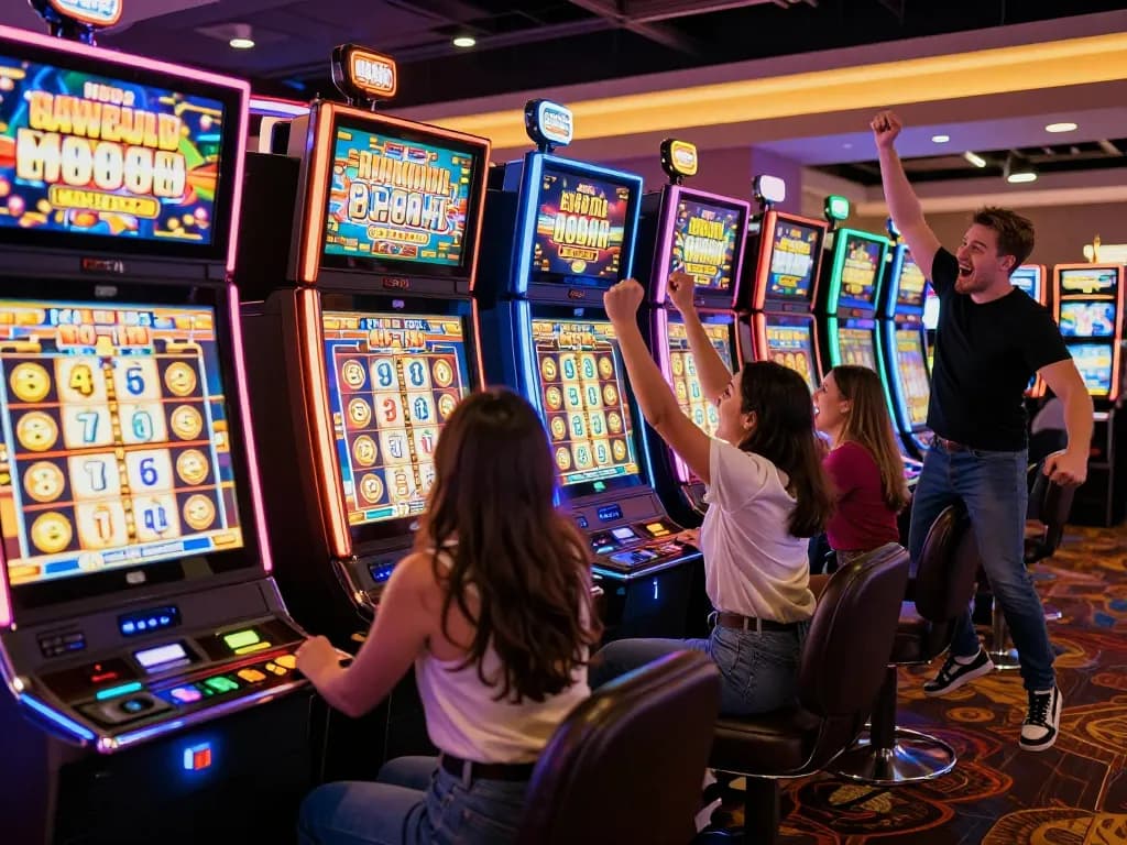 Engaged players celebrating a win on slot gacor machines in a lively casino atmosphere
