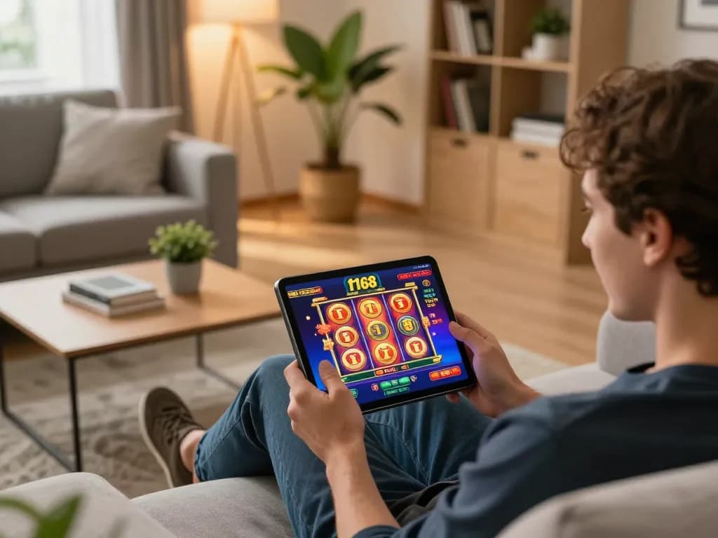 Engaging with the f168 casino app on a tablet in a cozy home gaming setup.