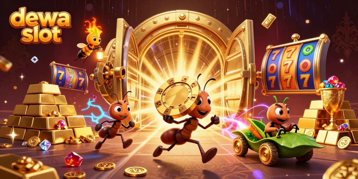 Experience excitement in dewa slot with a heist theme, showcasing ants, treasure, and casino elements.