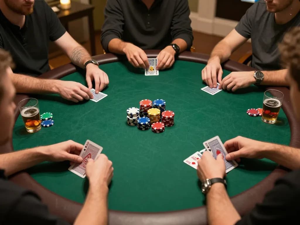 Engaging scene of poker players at home, strategizing their bets with 98 win potential.