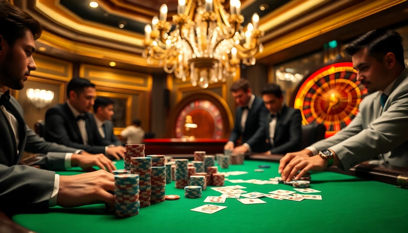 High-stakes poker scene at pg88 casino with vibrant chips and professional gamblers.