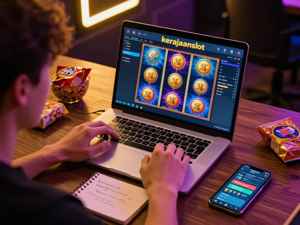 Engaged player using kerajaanslot interface on laptop at home, emphasizing responsible gambling.