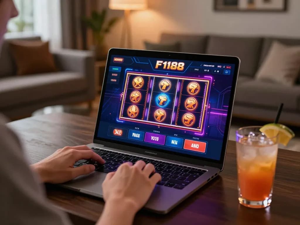 Player enjoying F168 online slots on a modern laptop in a cozy setting