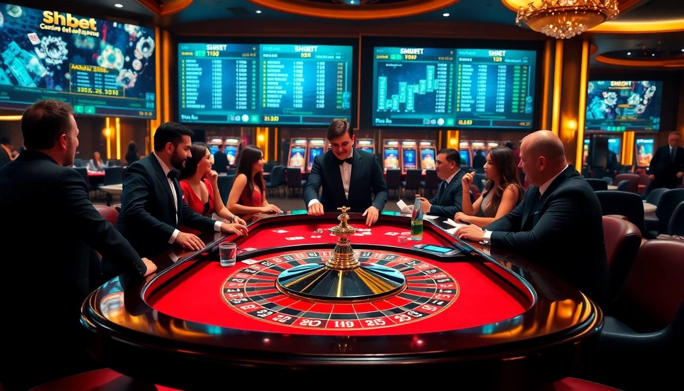 Experience thrilling shbet action at a lively casino with roulette, poker chips, and vibrant ambiance.
