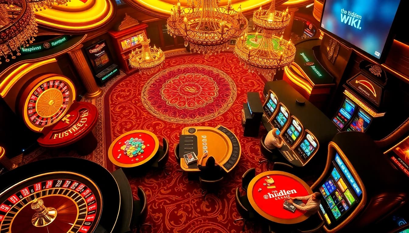 The hidden wiki featured in a luxurious casino scene with dynamic players at a roulette wheel and poker tables.