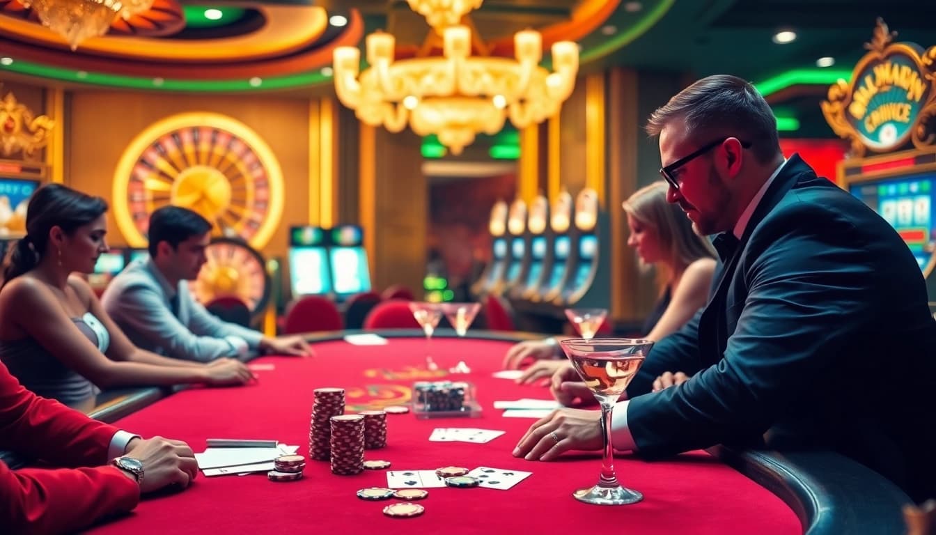 Action-packed scene at KP88 casino with professional dealers and excited gamblers.