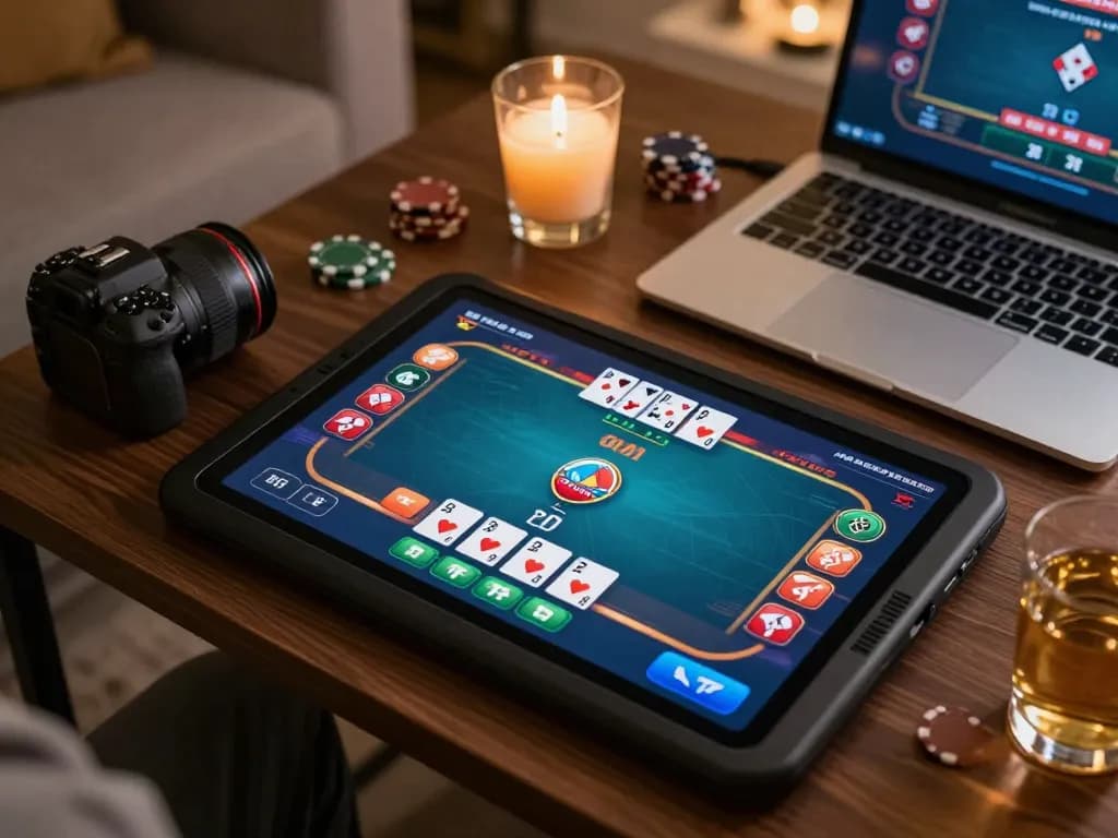 Engaging online poker gameplay on a tablet in a cozy home setting, highlighting rikvip's gaming interface and user experience.
