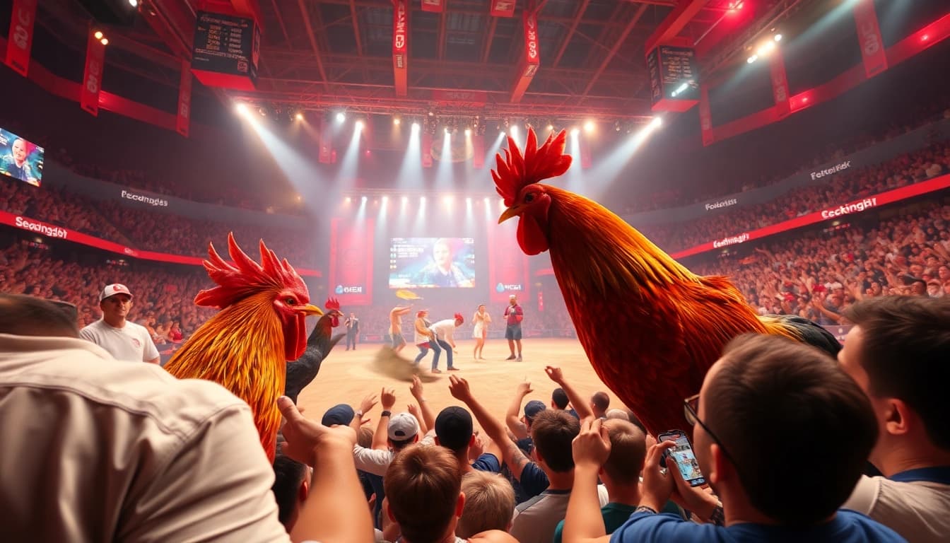 Live cockfighting event at Sabong 67 with vibrant crowd and intense action.