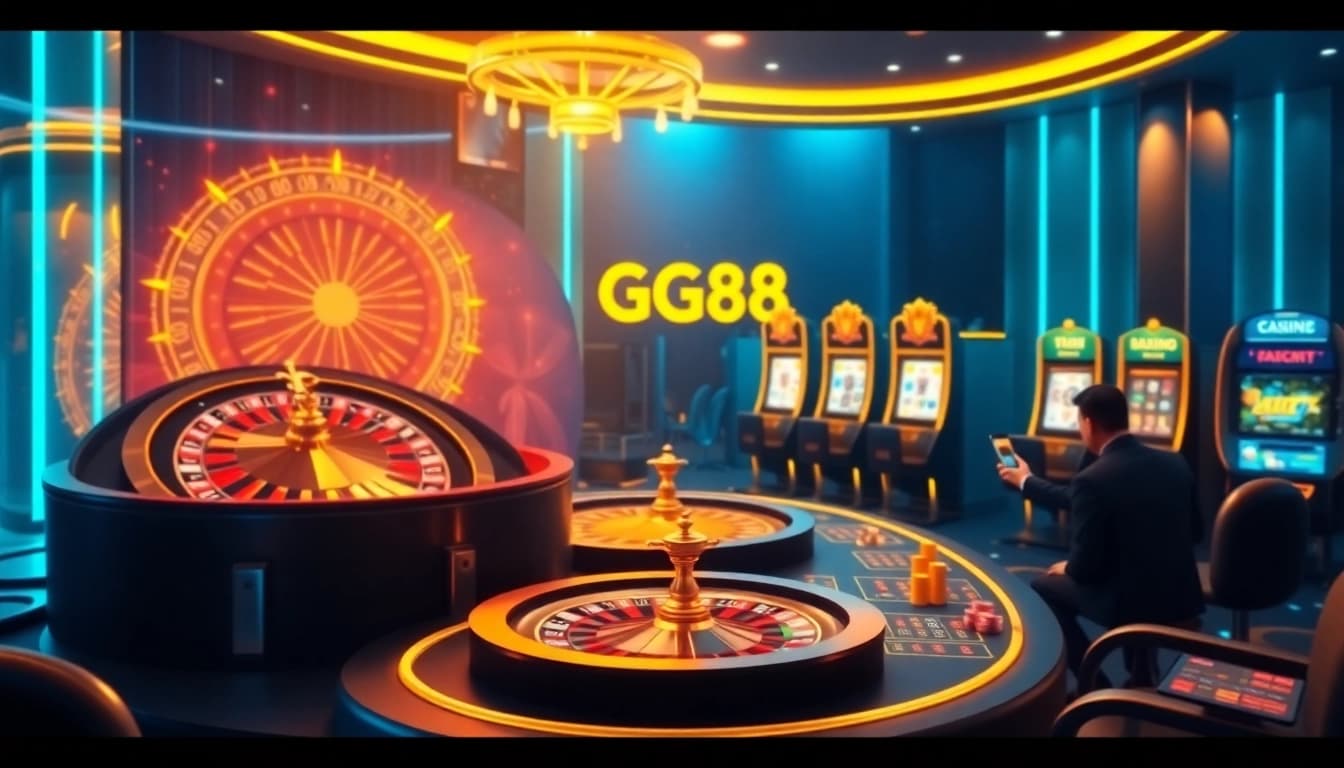 Experience thrilling gameplay at gg88.com with a vibrant online casino featuring roulette and poker elements.