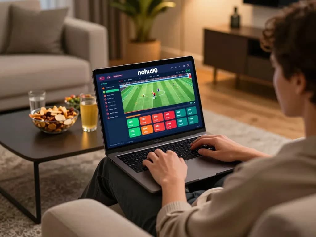 Nohu90 user placing bets on sports from a stylish home gaming setup with laptop.