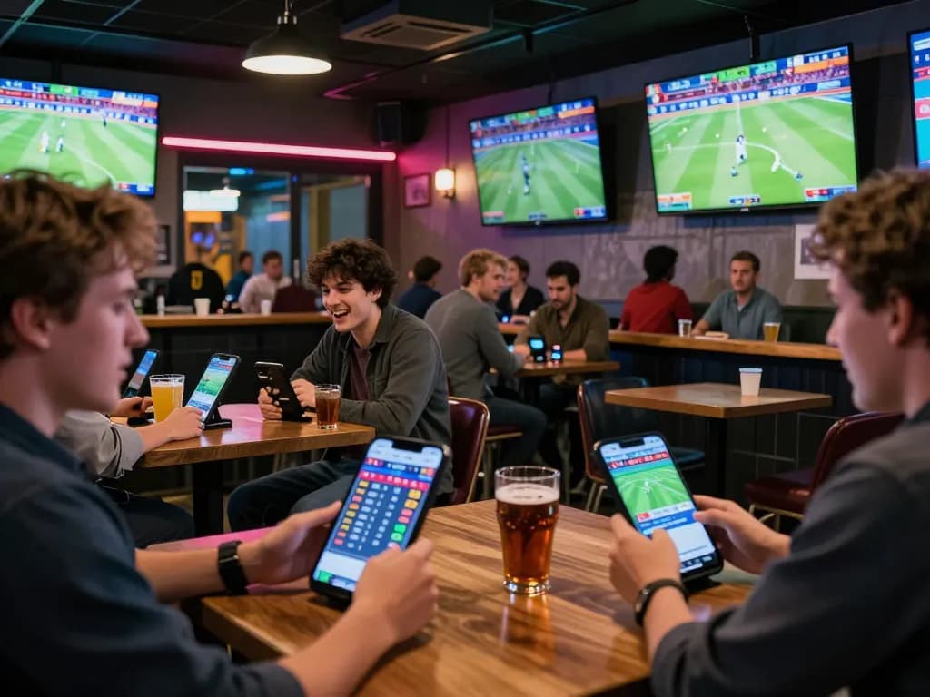 Experience sports betting excitement at five88 with patrons engaging on mobile apps and large screens
