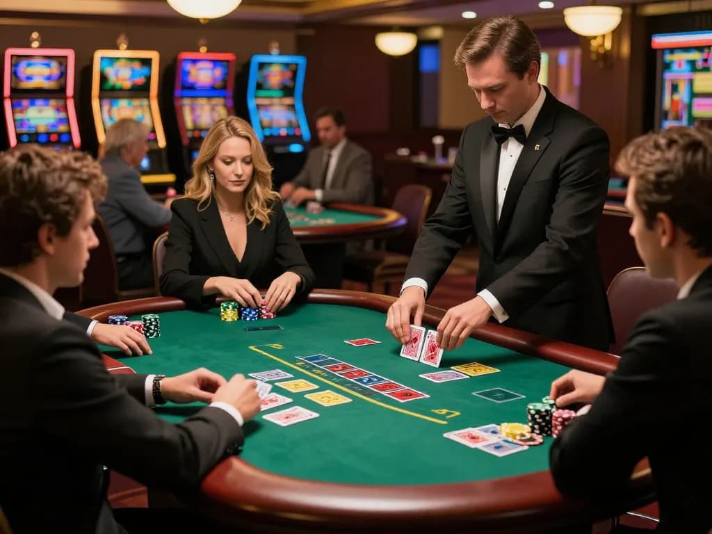 GEM88 players strategizing at a blackjack table in an upscale casino environment