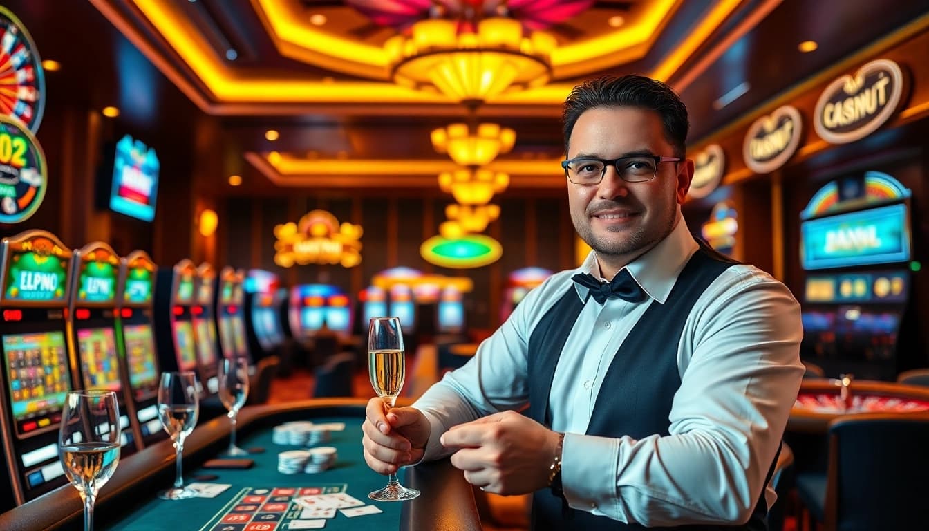 viabahis ile şans oyunları oynayan şık bir casino atmosferi.