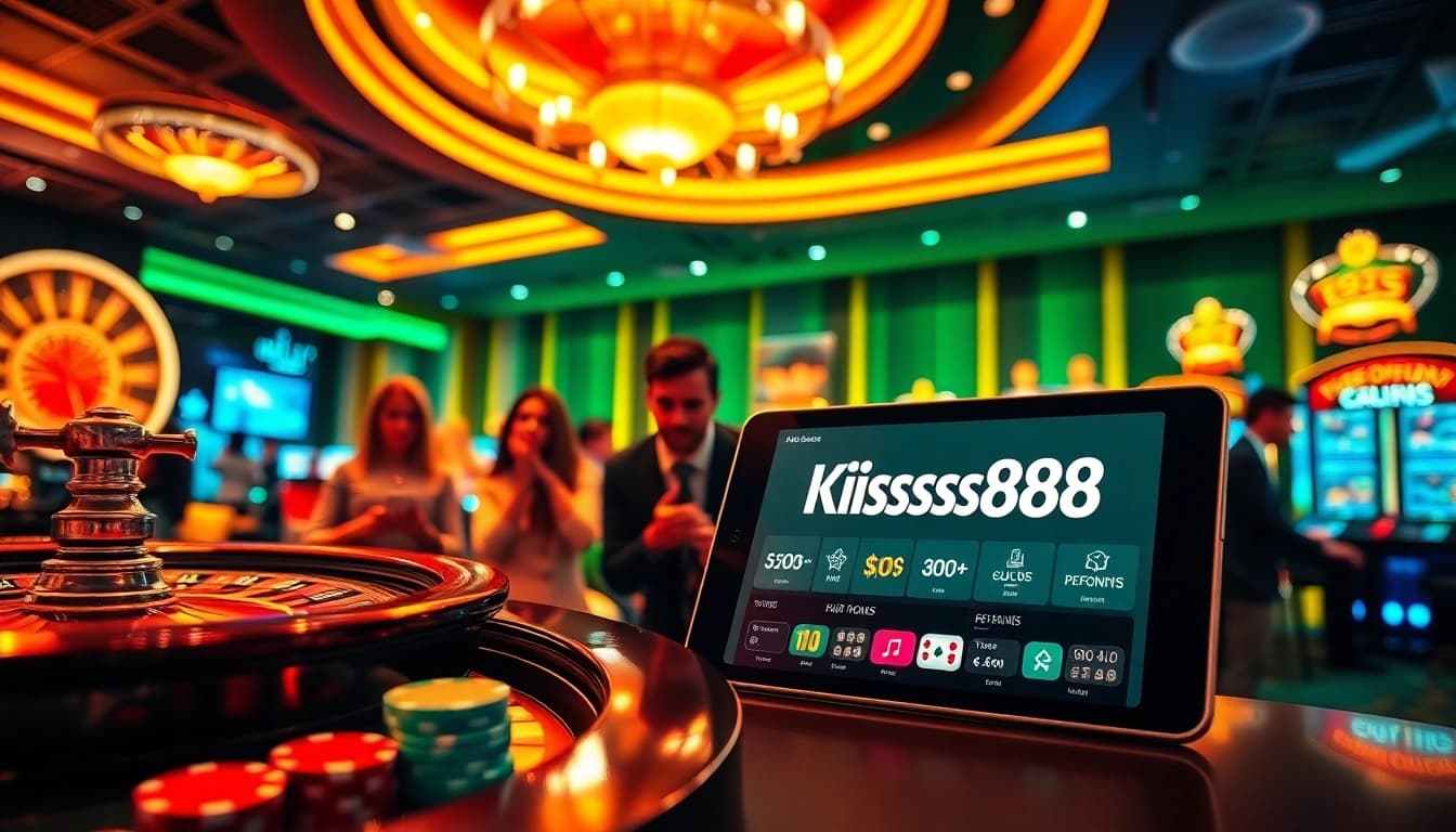 Experience thrilling gameplay on Kiss888 with vibrant casino elements like roulette and slot machines.