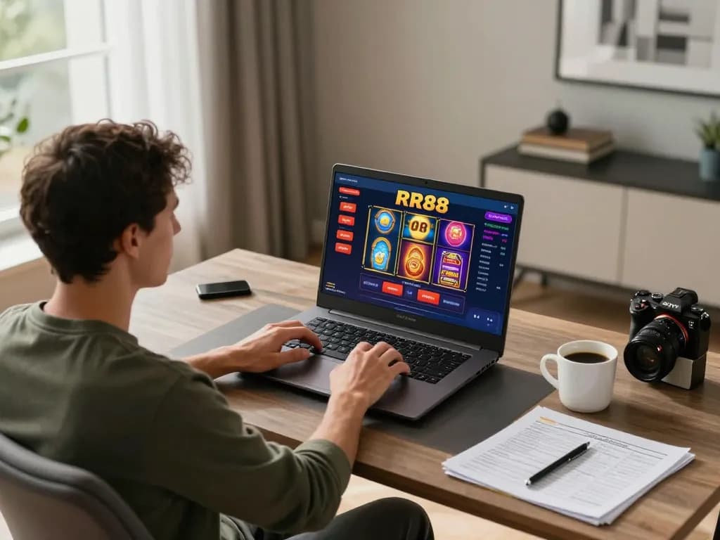 Player engaging with RR88 online casino slots on laptop in a cozy home setup